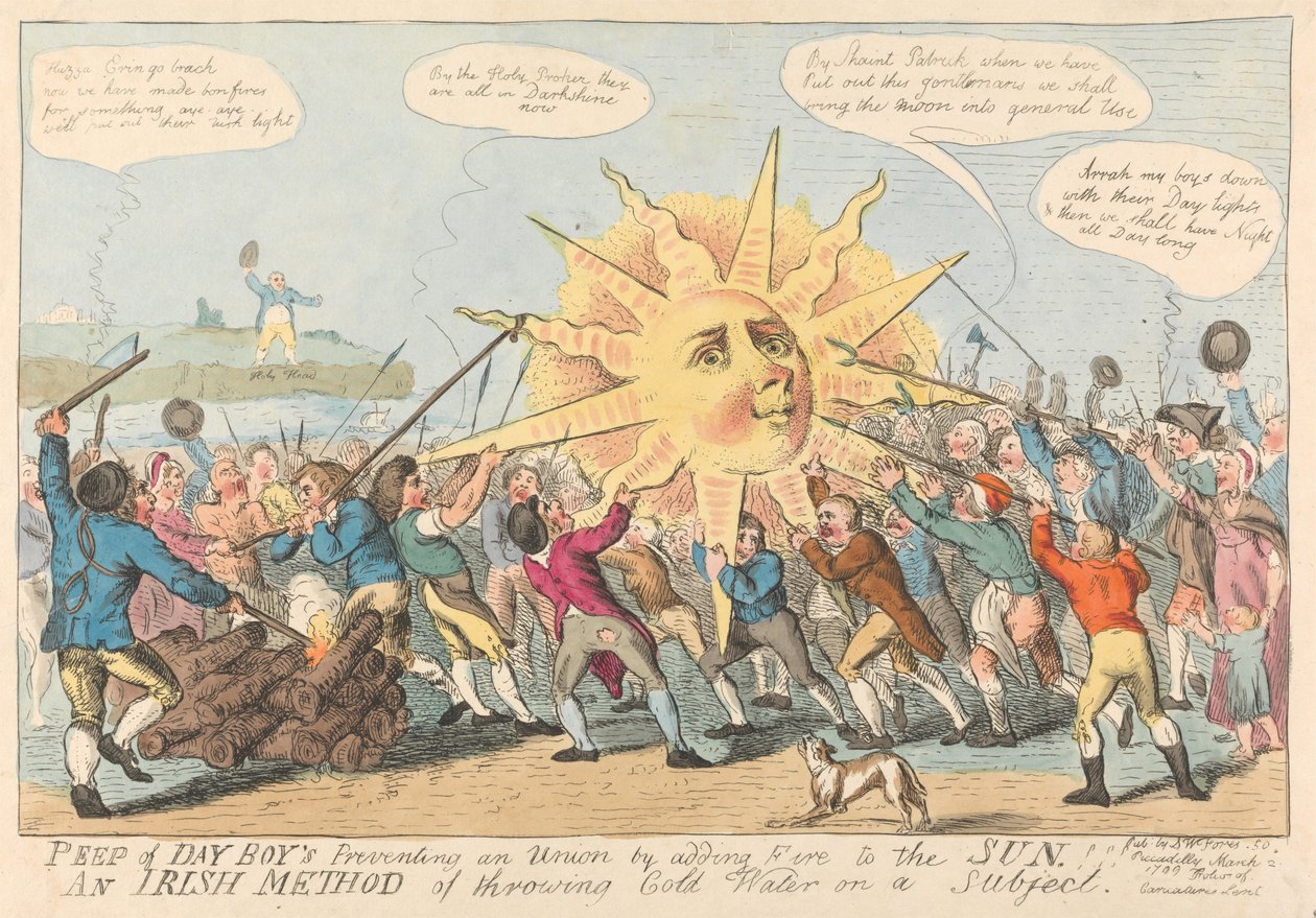 Peep of Day Boy verhindert eine Union, indem er Feuer zur Sonne hinzufügt. / Eine irische Methode, kaltes Wasser auf ein Thema zu gießen! de Isaac Cruikshank
