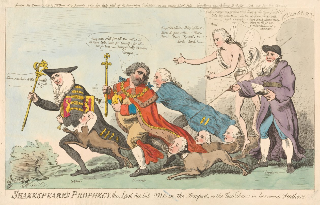 Shakespeares Prophezeiung, der letzte Akt von einem in Der Sturm, oder die Dohle in geliehenen Federn (aus: Karikatur, Bd. 3) de Isaac Cruikshank