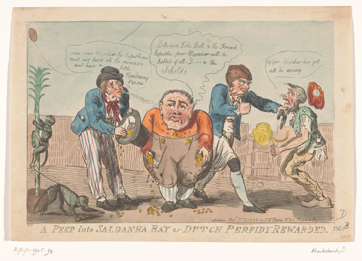 Caricatura que representa la capitulación de la flota bátava en la bahía de Saldanha, 1796 A Peep into Saldanha Bay o Dutch Perfidy Rewarded (título sobre el objeto) de Isaac Cruikshank