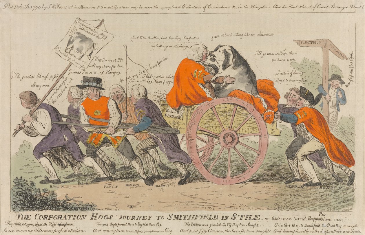 Die Reise der Corporation Hogs nach Smithfield im Stil, oder Stadträte als Schweineschau-Männer de Isaac Cruikshank