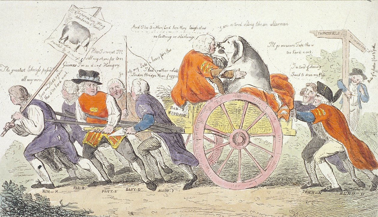 El viaje del cerdo de la Corporación a Smithfield en estilo o los concejales convertidos en exhibidores de cerdos, 1790 de Isaac Cruikshank