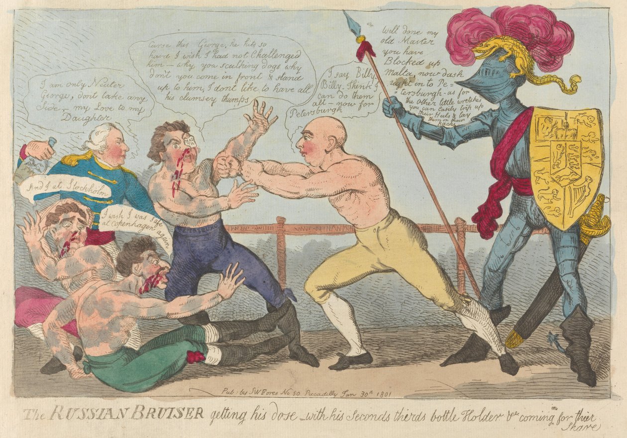 Der russische Schläger bekommt seine Dosis - Mit seinen Sekundanten, Dritten, Flaschenhalter und (?) die ihren Anteil bekommen de Isaac Cruikshank