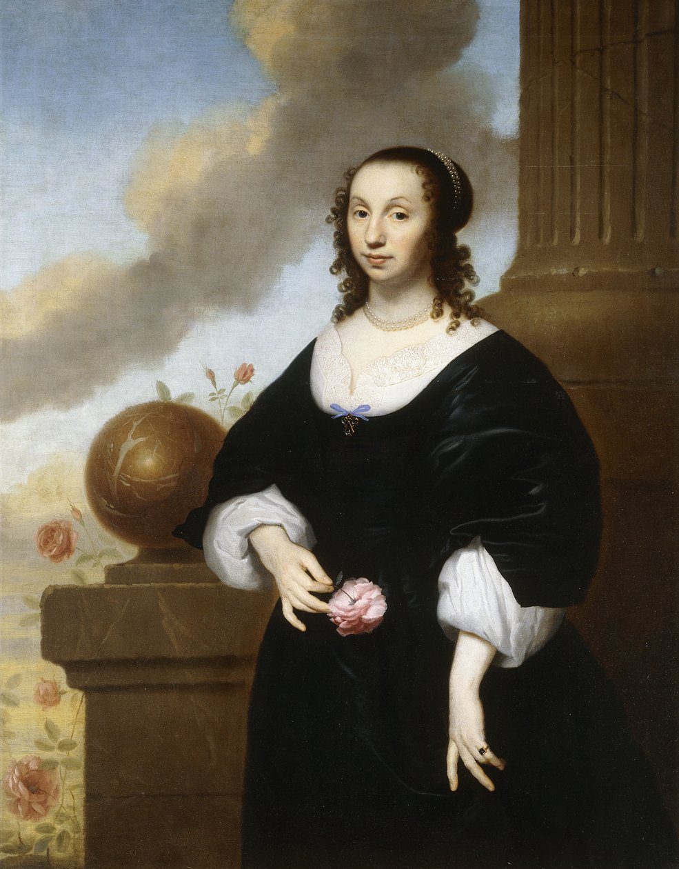Retrato de una dama, de pie tres cuartos de longitud, con un vestido de satén negro con ribete de encaje blanco de Isaac Luttichuys