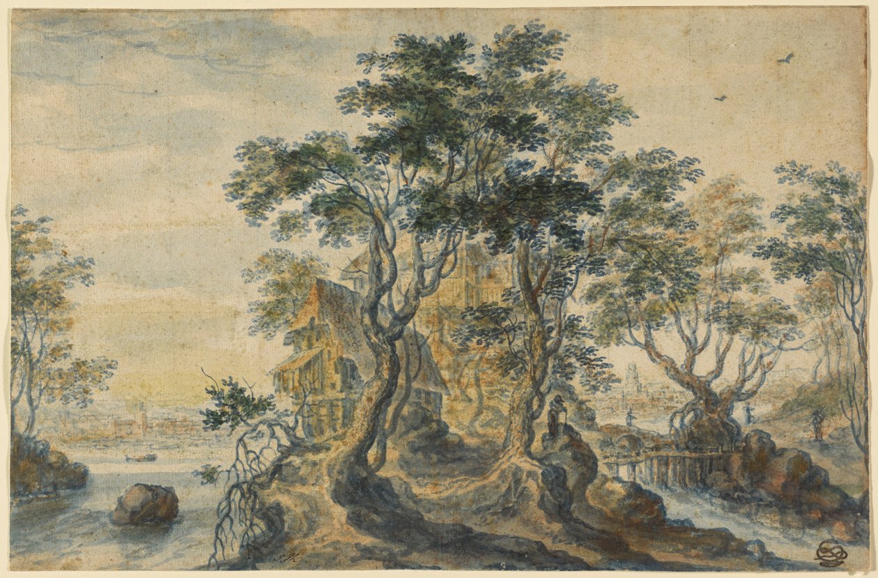 Paisaje fluvial con casa en una isla rocosa de Isaac Major