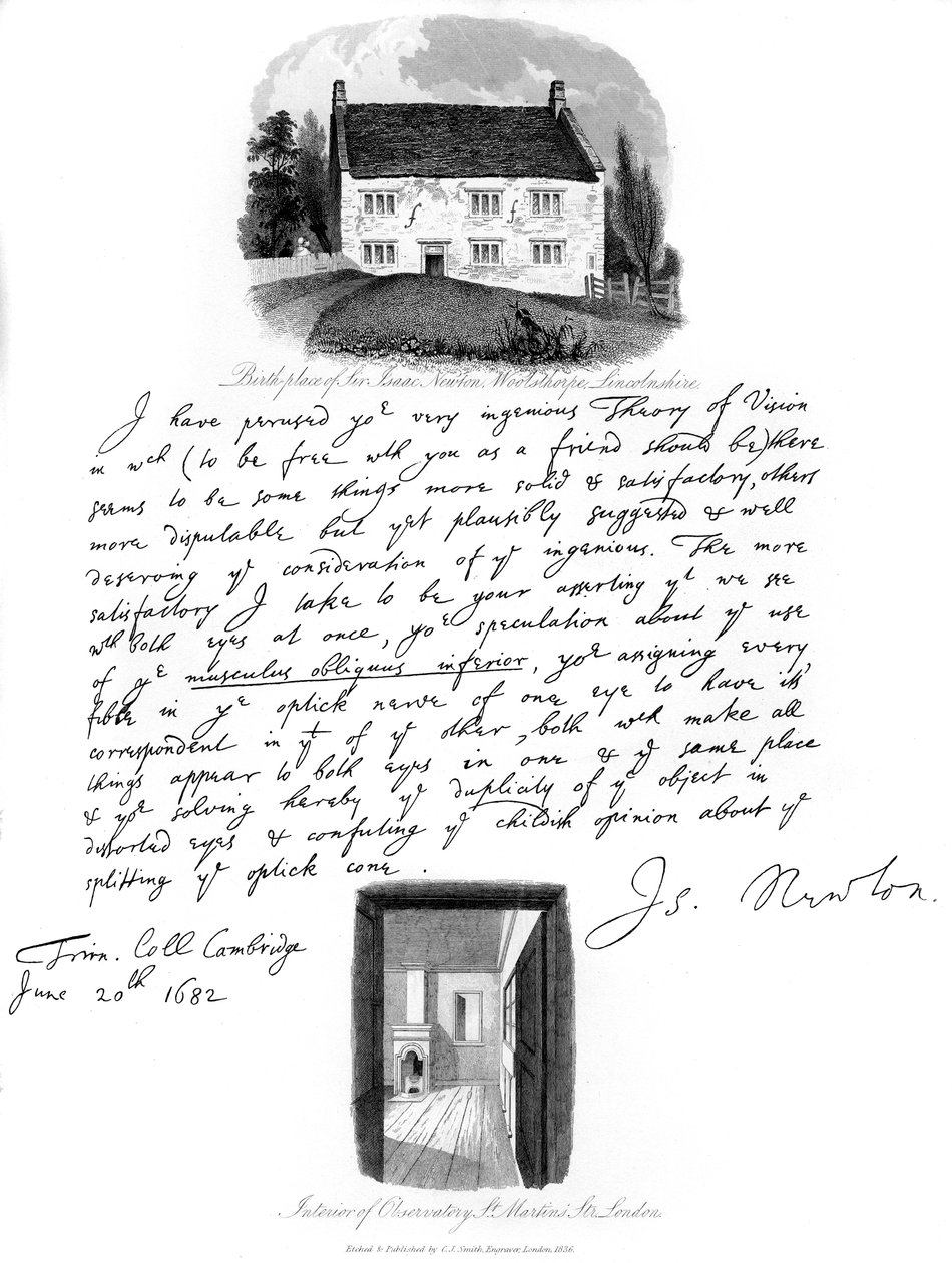 Carta de Isaac Newton y vista de su lugar de nacimiento en Woolsthorpe, Lincolnshire, 1682, 1840 de Isaac Newton