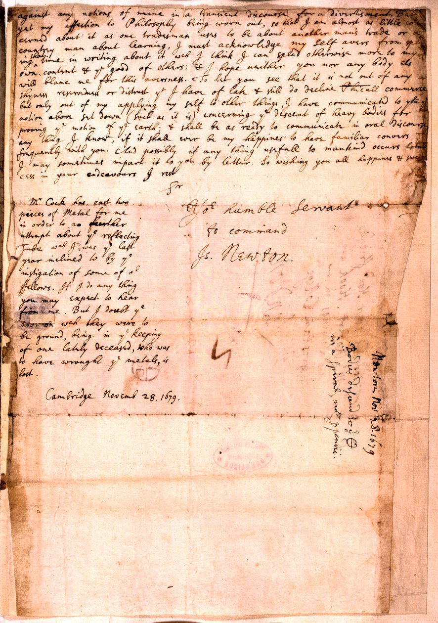 Carta escrita por Isaac Newton, 28 de noviembre de 1679 de Isaac Newton