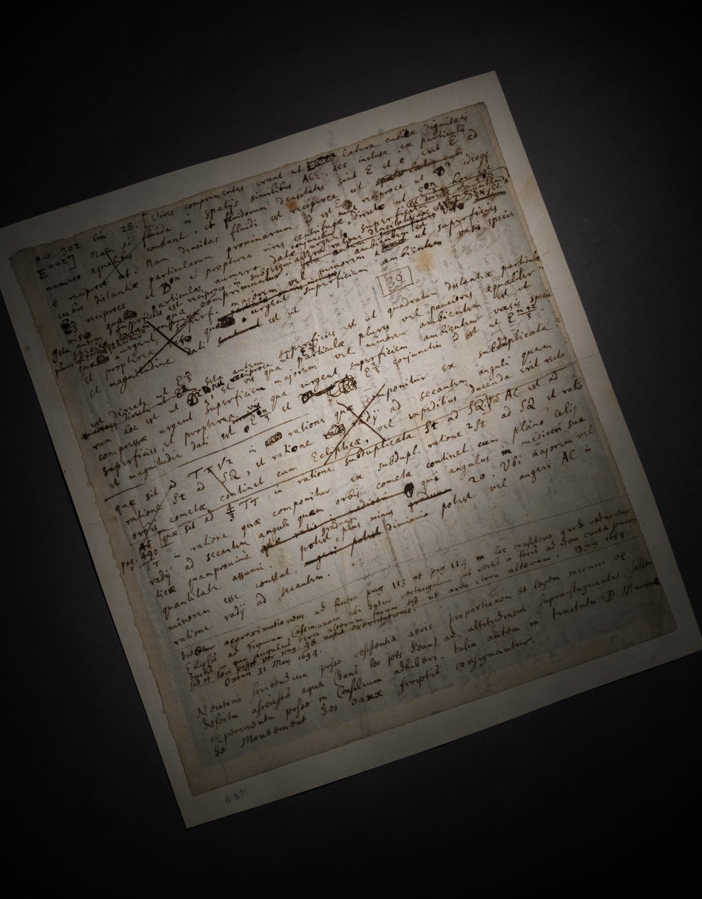 Dos páginas de revisiones a los Principia Mathematica de Isaac Newton