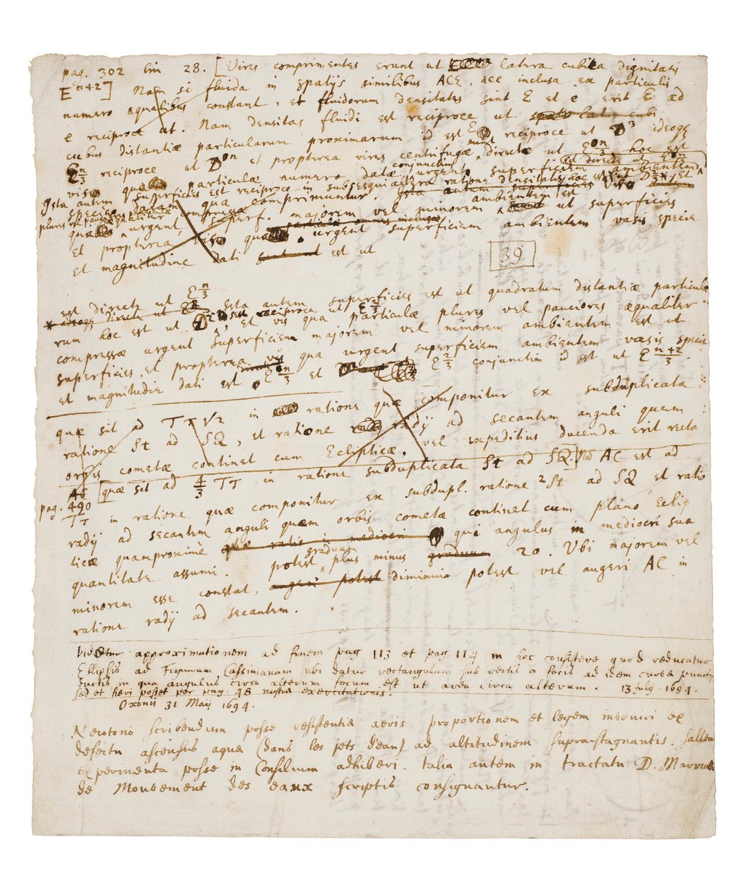 Dos páginas de revisiones a los Principia Mathematica de Isaac Newton