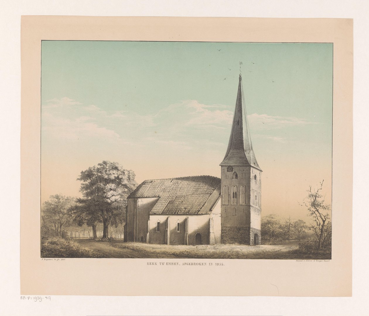 Vista de la iglesia en Emmen Iglesia en Emmen, demolida en 1855 (título sobre objeto) de Isaac Reijnders Sz.