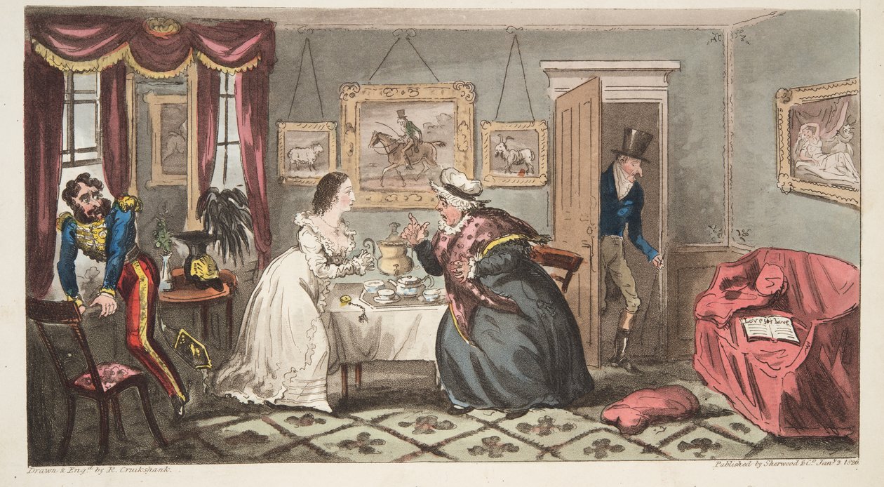 Un galán de baño y una bella frágil o el Sr. B. y la Srta. L., de The English Spy, pub. 1824 de Isaac Robert Cruikshank