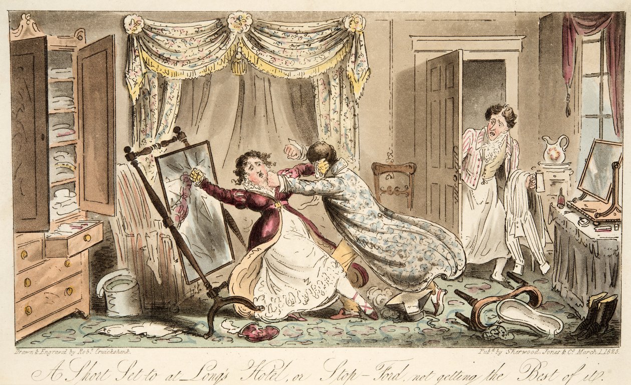 Un Corto Encuentro en Longs Hotel o Stop-Ford no llevándose la mejor parte, de The English Spy, pub. 1824 de Isaac Robert Cruikshank