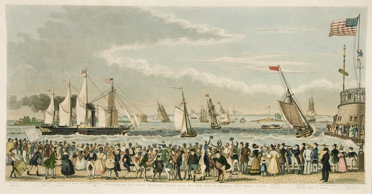 Llegada del Gran Barco de Vapor Occidental, frente a Nueva York el lunes 23 de abril de 1838, pub. 1842 de Isaac Robert Cruikshank