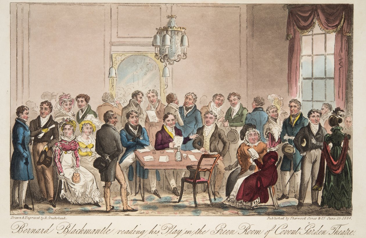 Bernard Blackmantle leyendo su obra en el Green Room del Teatro Covent Garden, de The English Spy, pub. 1824 de Isaac Robert Cruikshank