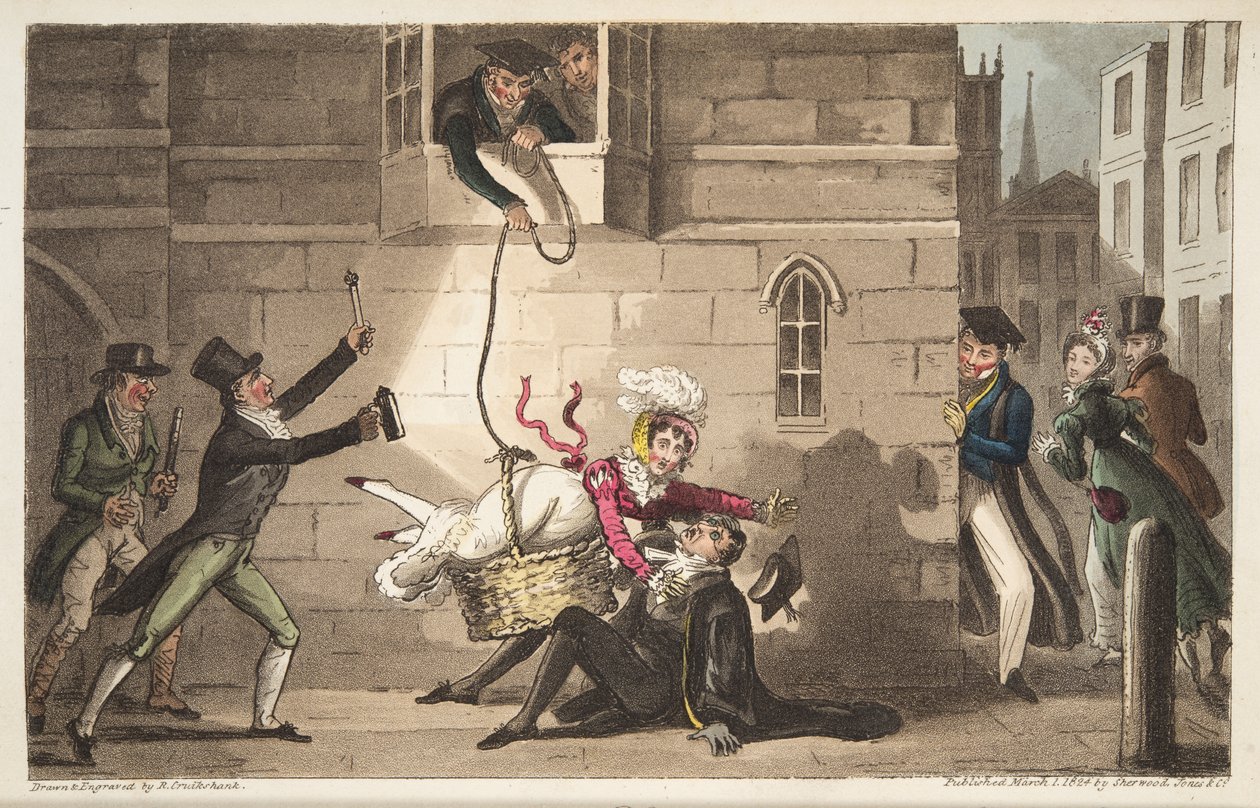 Saludando a un Procurador, o Perros de Oxford detectando Contrabandistas de Bronce, de The English Spy, publicado en Londres, 1824 de Isaac Robert Cruikshank