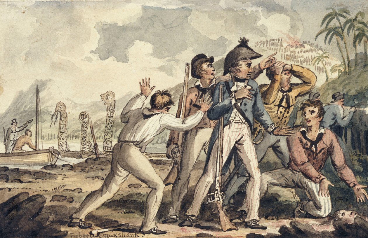 El Capitán Burney descubriendo a sus compañeros de barco asesinados, de los Viajes del Capitán Cook de Isaac Robert Cruikshank