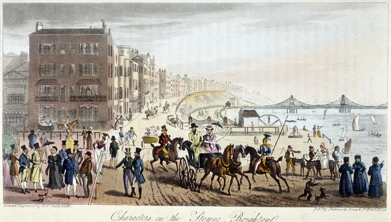 Personajes en Brighton - en “The English Spy” por Charles Molloy Westmacott, dibujo por Robert Cruikshank, Edición de Londres de Isaac Robert Cruikshank