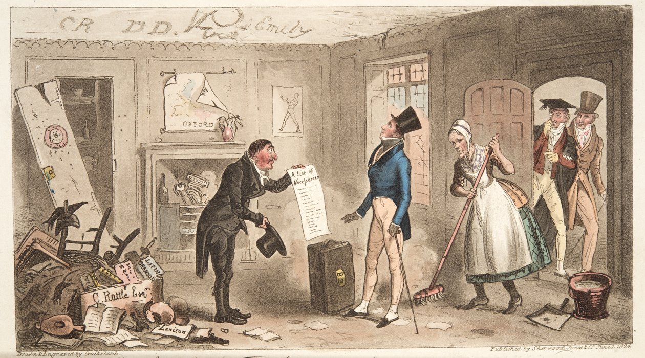 Comodidades Universitarias, Un Novato tomando posesión de sus Habitaciones, de The English Spy, pub. 1824 de Isaac Robert Cruikshank