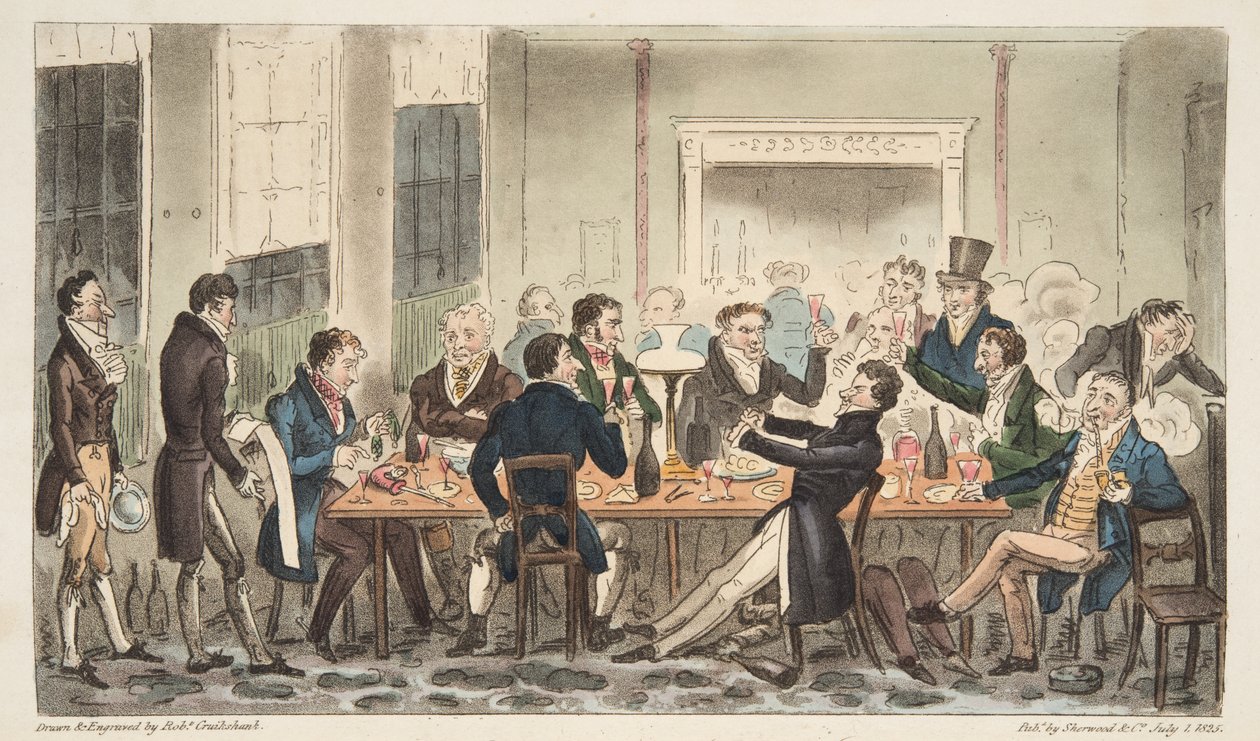 Tarde y de buen humor, una escena en Longs Hotel, Bond Street, de The English Spy, pub. 1824 de Isaac Robert Cruikshank