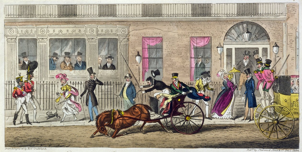 Exterior del Salón de los Pescaderos, un colapso regular, 1824 de Isaac Robert Cruikshank