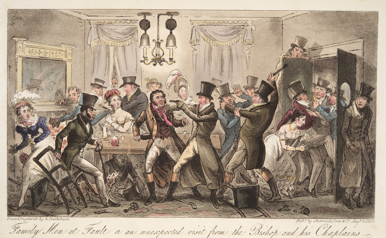 Hombres de familia en falta, o una visita inesperada del obispo y sus capellanes, de The English Spy, pub. 1824 de Isaac Robert Cruikshank