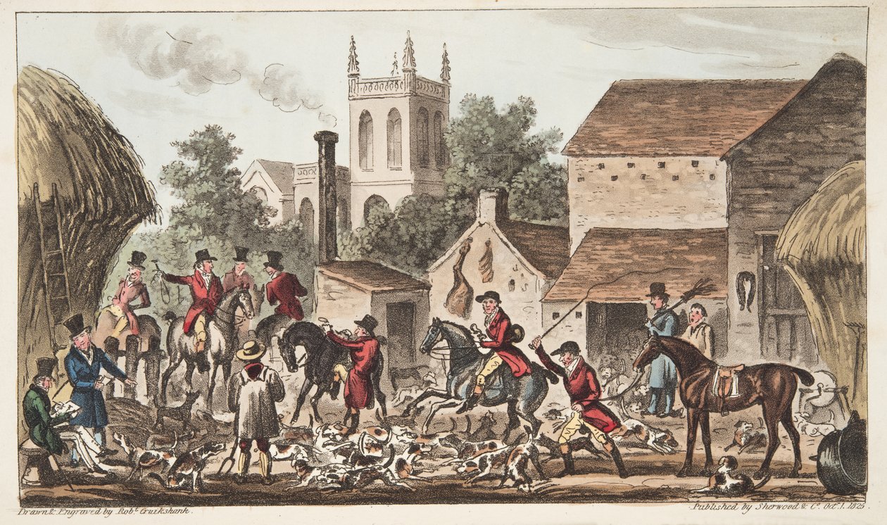 Saliendo; Una vista del Kennel de Berkeley Hunt, de The English Spy, pub. 1824 de Isaac Robert Cruikshank