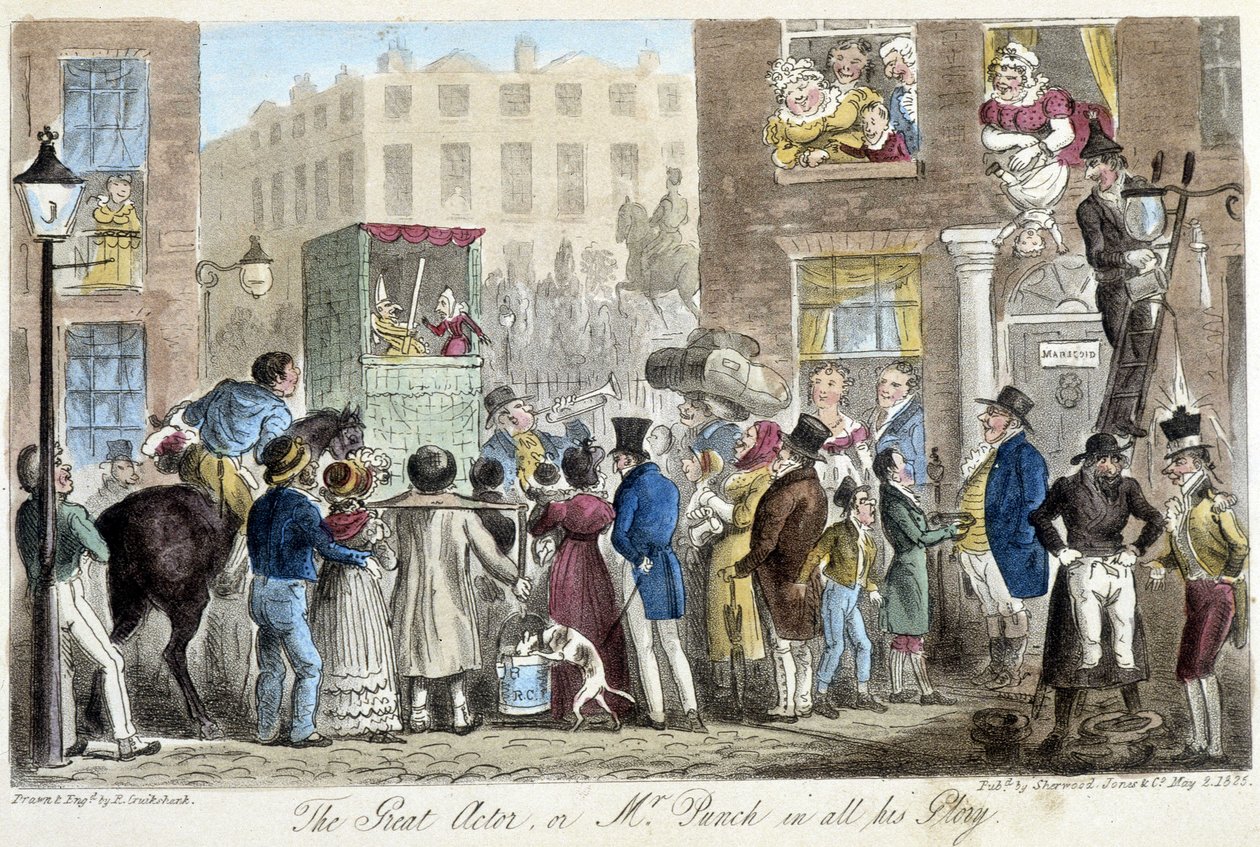 Guignol en las calles de Londres - en “The English spy” por C. Molloy Westmacott, ill. por Robert Gruikshand, Sherwood, Londres de Isaac Robert Cruikshank