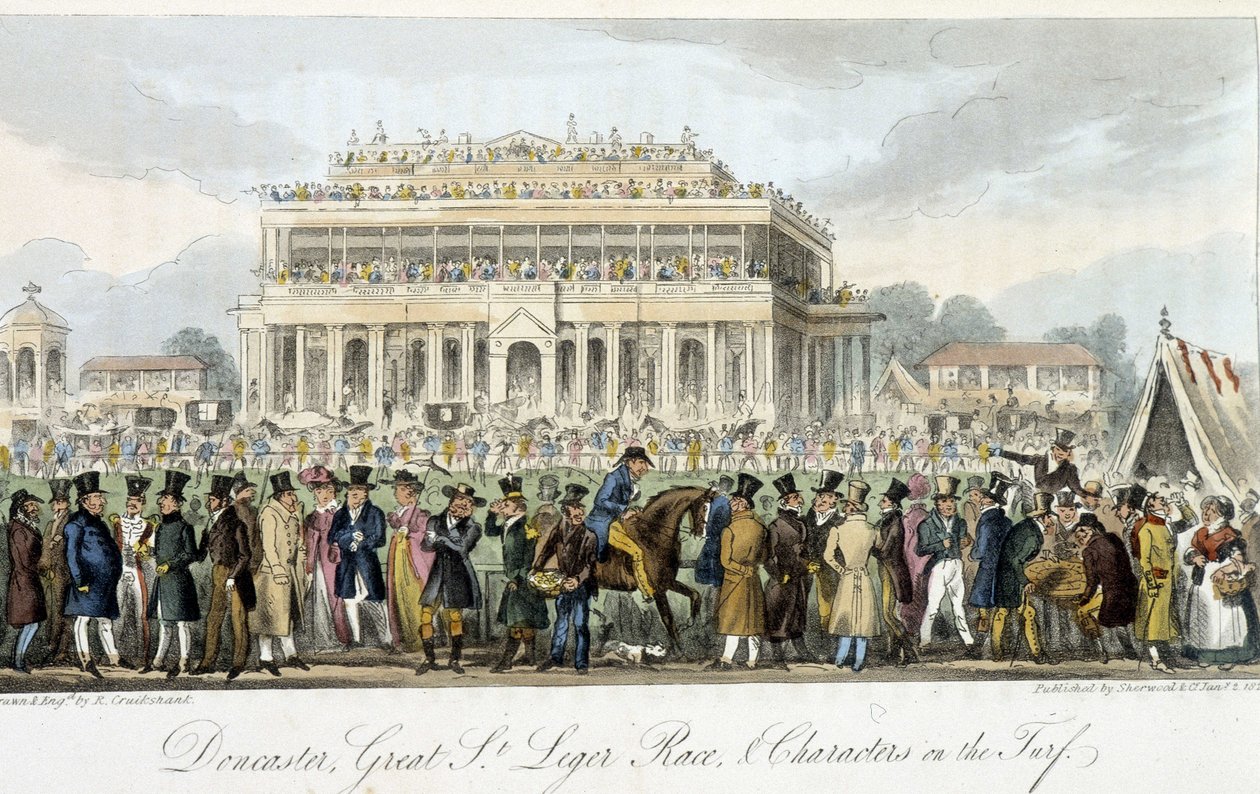 Le prix Saint Léger en Doncaster (las carreras) - en “The english spy” por Charles Molloy Westmacott, ilustrado por Robert Cruikshank, Londres de Isaac Robert Cruikshank