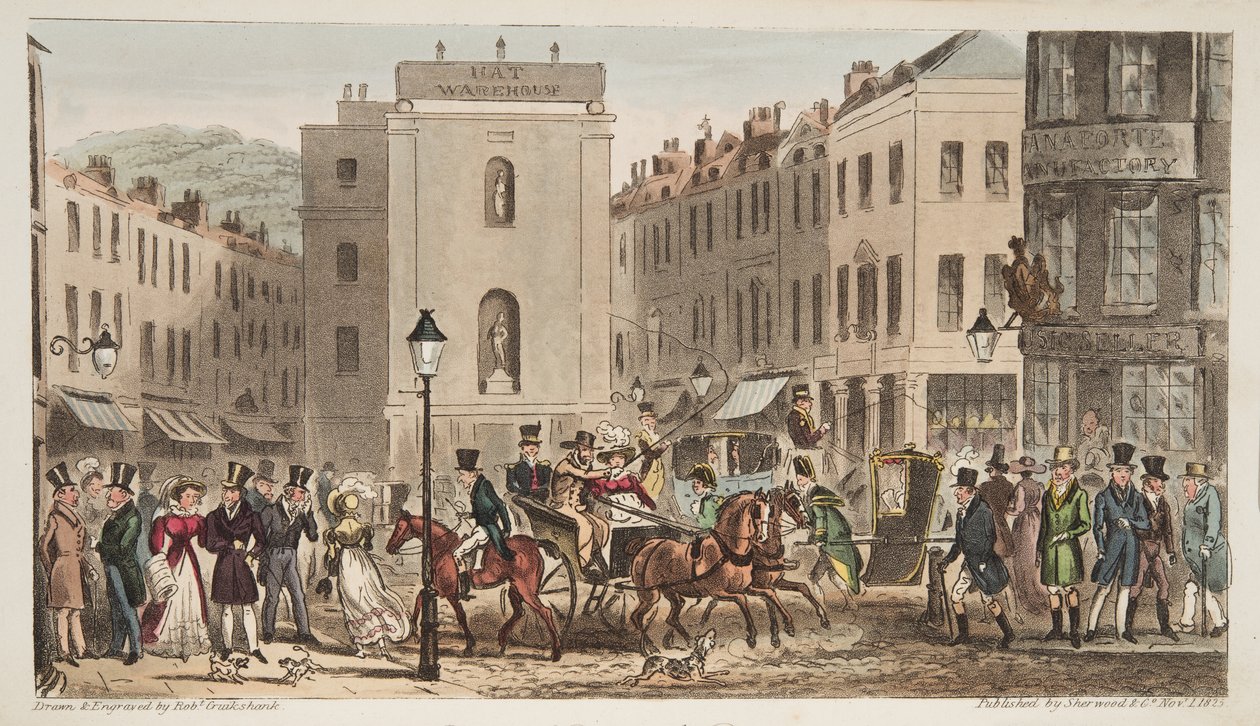 Milsom Street y Bond Street con retratos de Bath Swells, de The English Spy, publicado en Londres, 1824 de Isaac Robert Cruikshank