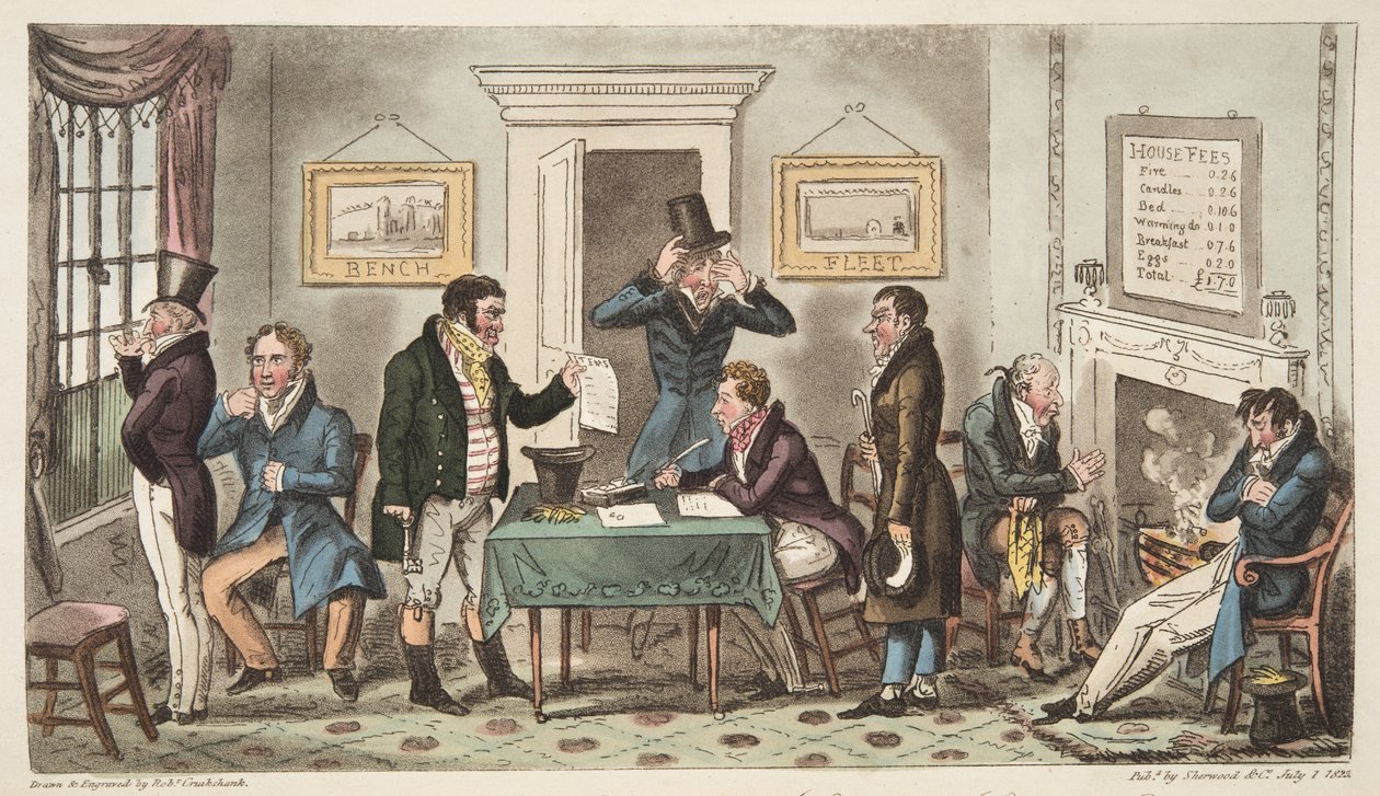 Mañana y con bajo ánimo, una escena de encierro en una casa de empeño, Carey Street, un poco de buena verdad, de The English Spy, publicado en Londres, 1824 de Isaac Robert Cruikshank