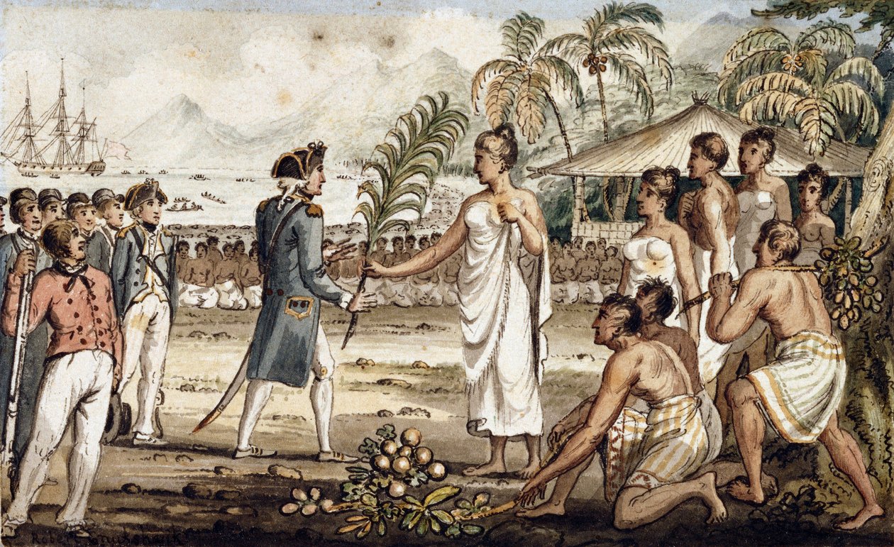 Oatehite, ilustración de "Los viajes del Capitán Cook" de Isaac Robert Cruikshank