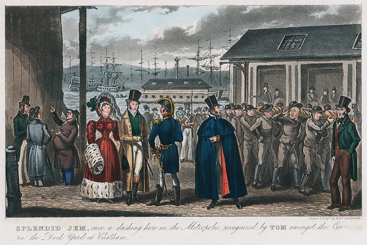 Splendid Jem entre los convictos en el astillero naval de Chatham, Kent, 1821 de Isaac Robert Cruikshank