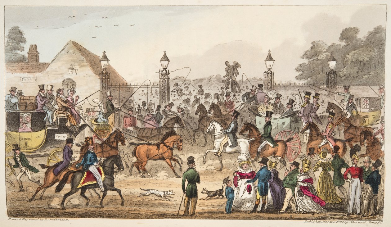La llegada, o entrada occidental a la tierra de los cockneys, de The English Spy, publicado en 1824 de Isaac Robert Cruikshank
