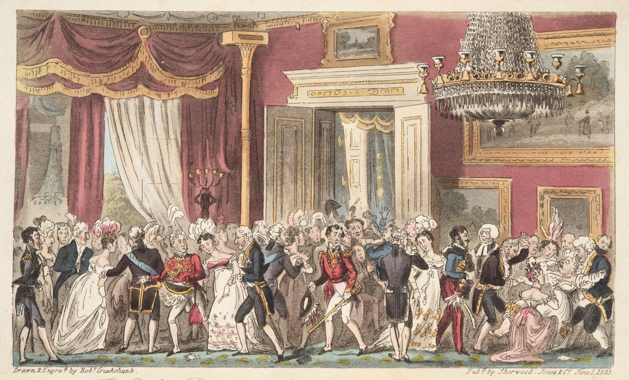 La noche en la sala circular; o un apretón en Carlton Palace, de The English Spy, pub. 1824 de Isaac Robert Cruikshank