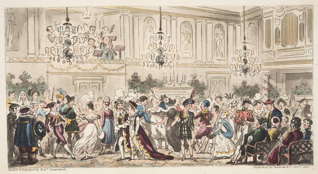 El baile de disfraces en las habitaciones superiores, Bath, de The English Spy, publicado en Londres, 1824 de Isaac Robert Cruikshank