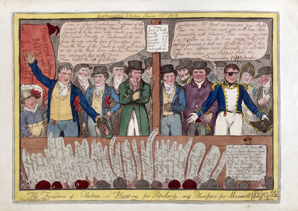 La libertad en la elección o cazando popularidad y plumpers para Maxwell, pub. G. Humphrey, 1818 (grabado coloreado a mano) de Isaac Robert Cruikshank