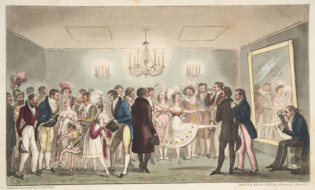 El Green Room del Teatro del Rey, o nobles aficionados viendo curiosidades extranjeras, de The English Spy, pub. 1824 de Isaac Robert Cruikshank