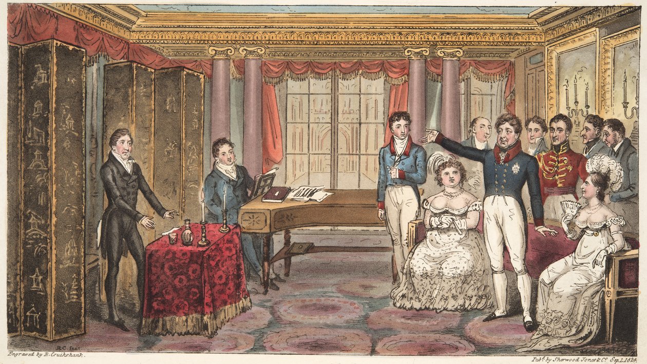 El Rey en Casa, o Mathews en Carlton House, de The English Spy, por Charles Westmacott, publicado 1824 de Isaac Robert Cruikshank