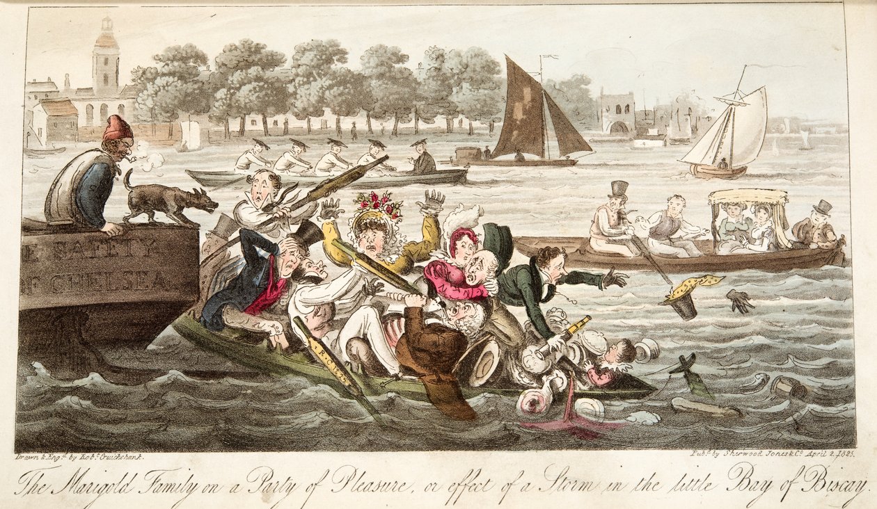 La Familia Marigold en una Fiesta de Placer, o efecto de una Tormenta en la pequeña Bahía de Vizcaya, de The English Spy, pub. 1824 de Isaac Robert Cruikshank