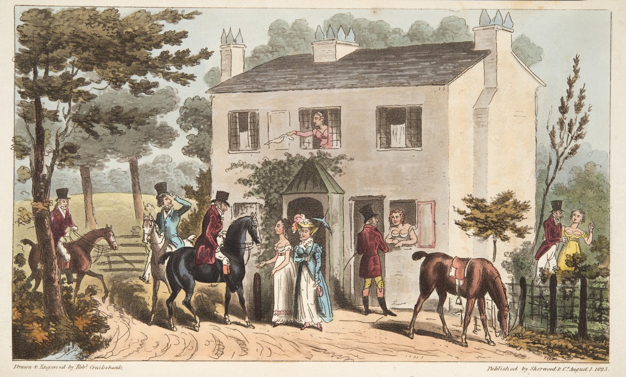 Las cabañas de Oakland, Cheltenham, o cazadores de zorros y sus favoritos, de The English Spy, pub. 1824 de Isaac Robert Cruikshank