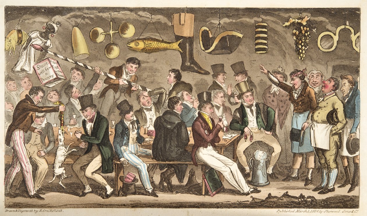 El Museo de los Oppidans, o el Tribunal de Reclamaciones de Eton en el Christopher, de The English Spy, publicado en Londres, 1824 de Isaac Robert Cruikshank