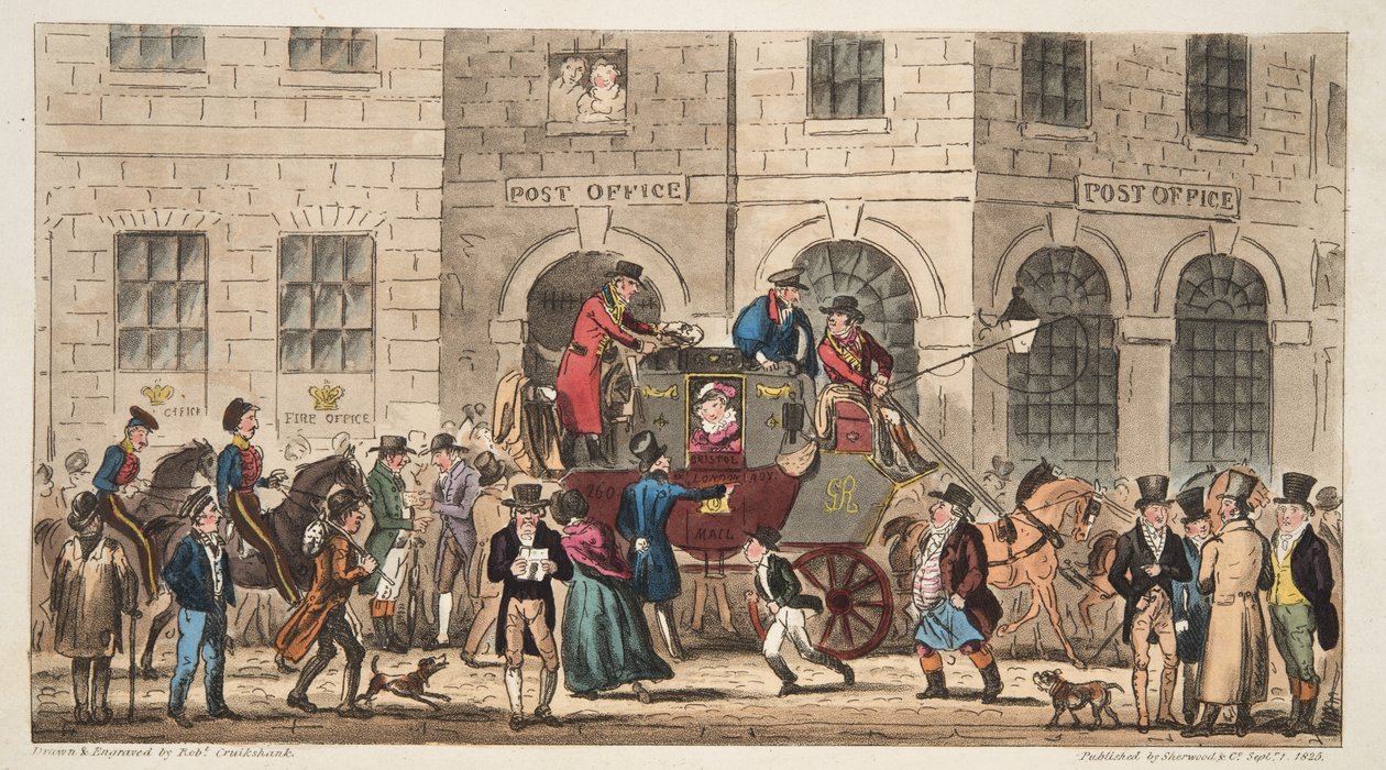 La oficina de correos de Bristol, llegada del correo de Londres, de The English Spy, publicado en Londres, 1824 de Isaac Robert Cruikshank