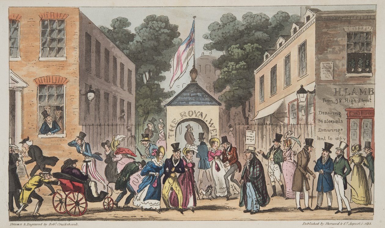 Los pozos reales, Cheltenham o afecciones espasmódicas por aguas termales, de The English Spy, pub. 1824 de Isaac Robert Cruikshank