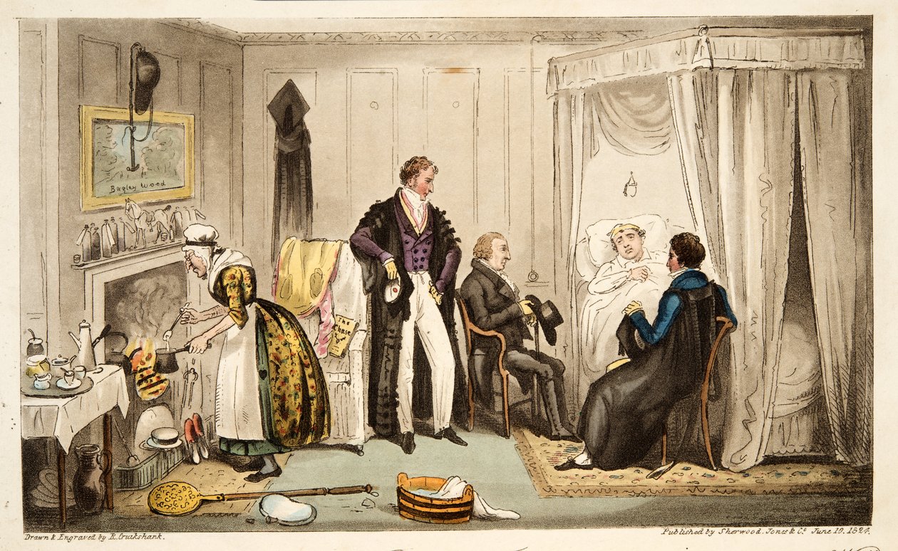 Tom Echo enfermo con la Fiebre de Headington o un Oxoniano muy cerca del Muro, de The English Spy, publicado en Londres, 1824 de Isaac Robert Cruikshank