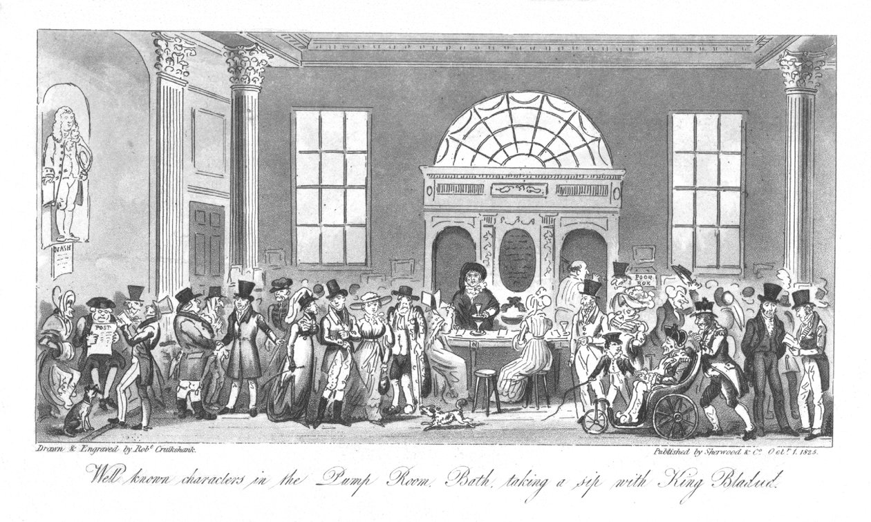 Personajes conocidos en la Sala de Bombas, Bath, tomando un sorbo con el Rey Bladud, 1825 de Isaac Robert Cruikshank