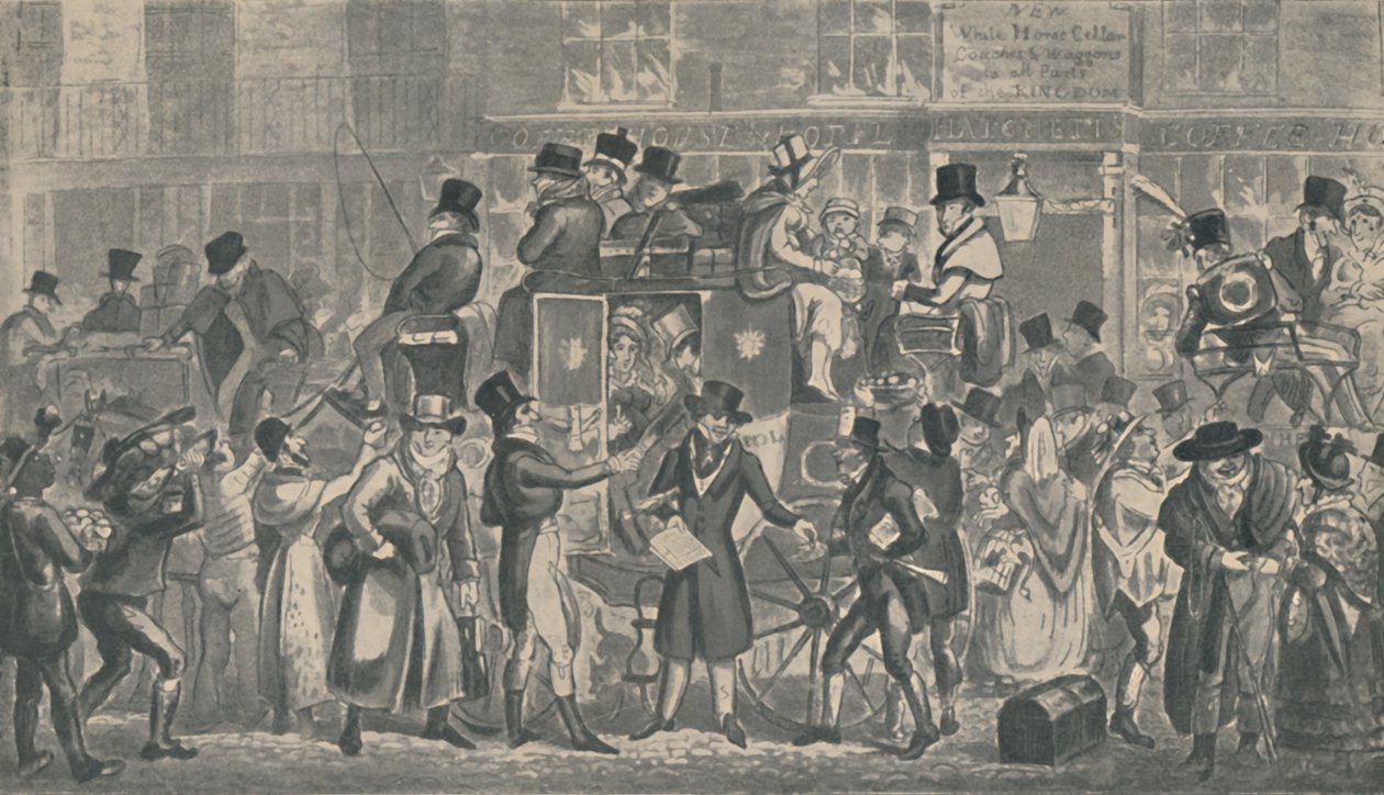 Fuera de White Horse Cellar, Piccadilly, 1821, 1920 de Isaac, Robert and George Cruikshank