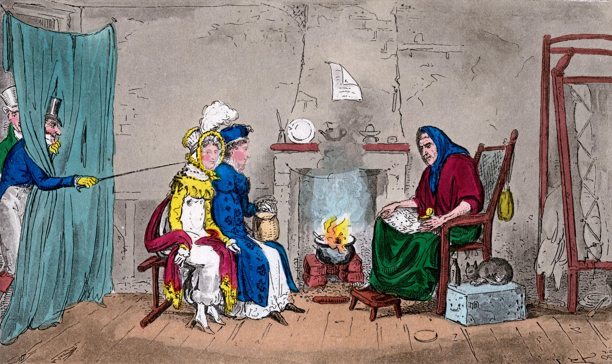 Tom y Jerry, atrapando a Kate y Sue al vuelo, haciéndose leer la fortuna, siglo XIX de Isaac, Robert and George Cruikshank