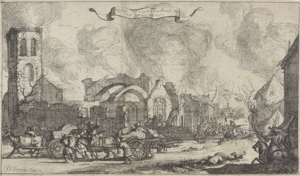 Tropas francesas merodeando y disparando a través de las ruinas del pueblo de Nigtevecht, 1672
Serie de trece ilustraciones de pueblos y castillos de la provincia de Utrecht destruidos por los franceses en 1672 (título de la serie) de Isaac Sorious