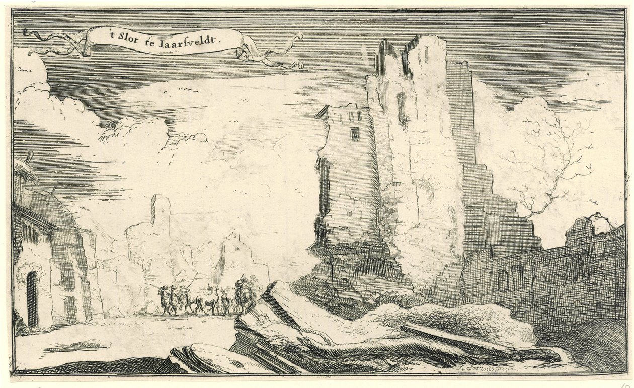 El castillo de Jaarsveld, destruido por los franceses en 1672
Slot te Iaarsveldt (título en el objeto)
Serie de trece ilustraciones de pueblos y castillos de la provincia de Utrecht destruidos por los franceses en 1672 (título de la serie) de Isaac Sorious