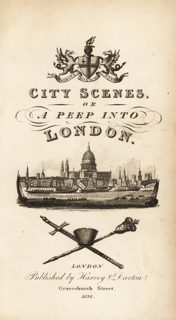 Página de título caligráfico con viñeta de la ciudad de Londres con la Catedral de San Pablo de Isaac Taylor