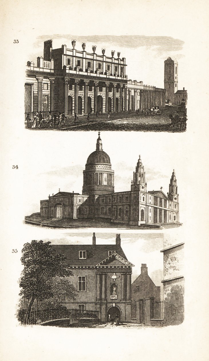 El Banco de Inglaterra, la Catedral de San Pablo y la Escuela Blue-Coat o el Hospital de Cristo de Isaac Taylor